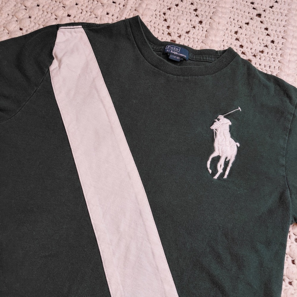 Polo Ralph Lauren Shirt Crew Youth‎ 14/16 Short Sleeve Green Large Pony Striped